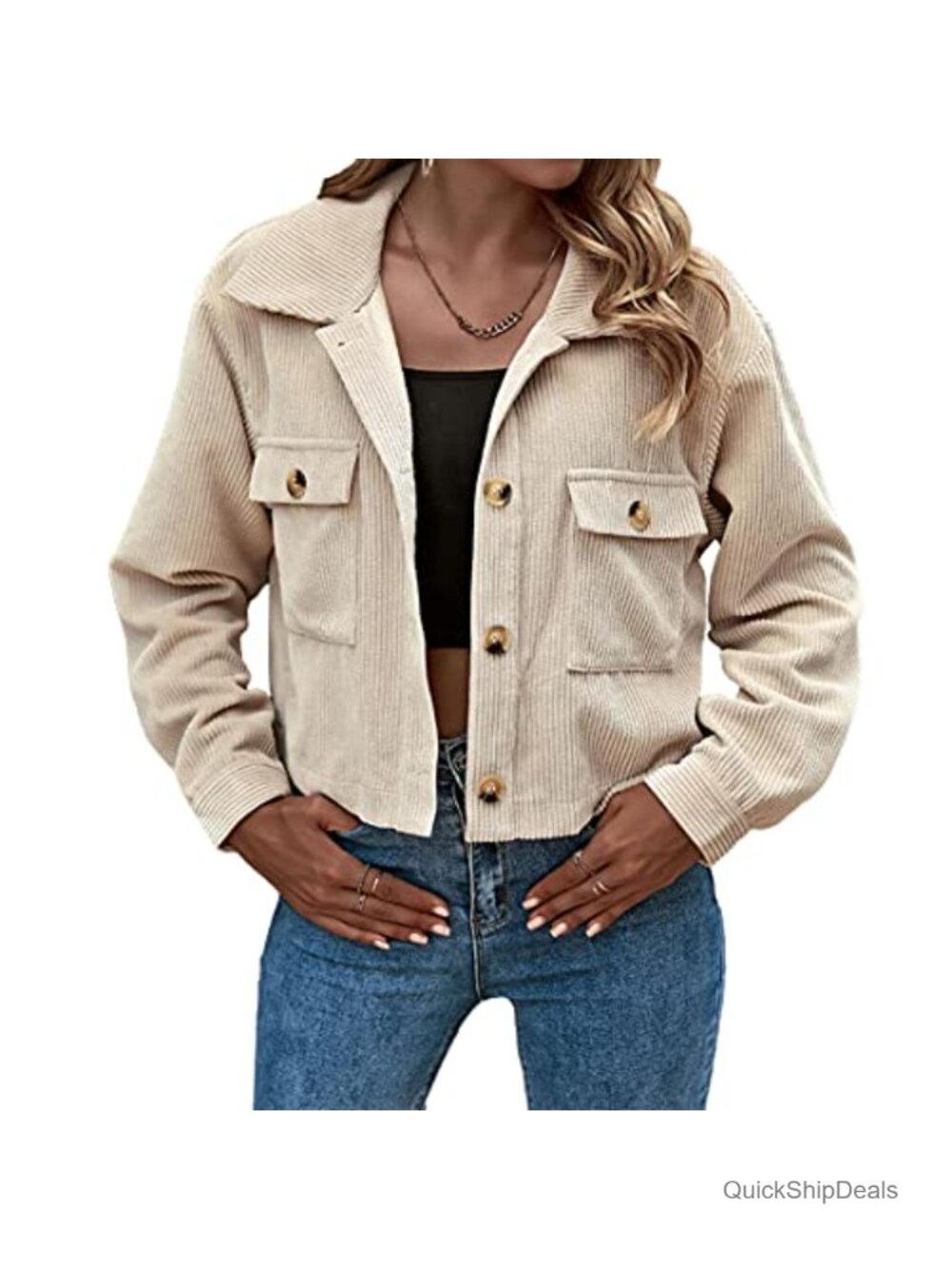 Cropped Corduroy Shacket Button Down Long Sleeve Women's Casual Jacket